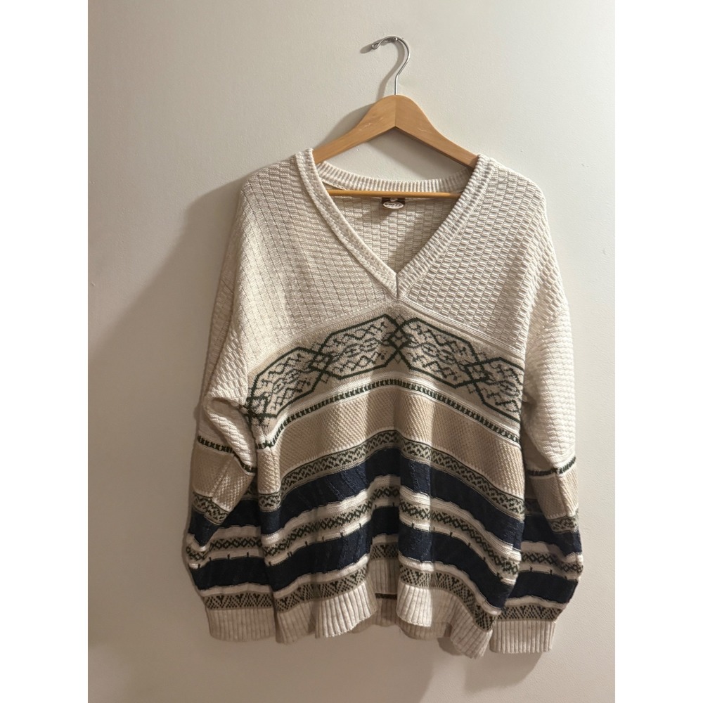 Vintage Wolle Feel The Nature Mens Large V-Neck Knit Sweater Fair Isle Cream